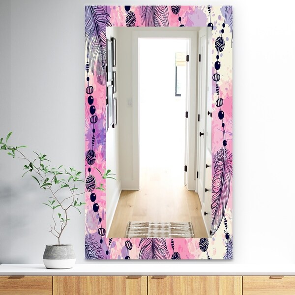 Designart 'Feathers 30' Bohemian and Eclectic Mirror - Frameless Eclectic Bathroom Mirror - Pink