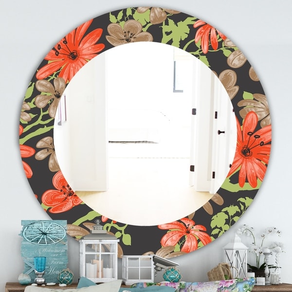 Designart 'Red and Brown Flowers With Of Green Branches' Traditional Mirror - Frameless Oval or Round Wall Mirror - Red