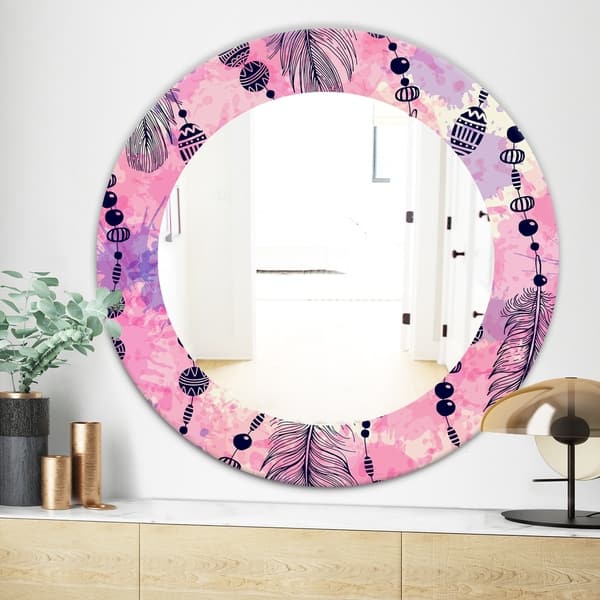 Designart Feathers 30 Bohemian And Eclectic Mirror Frameless Oval Or Round Wall Mirror Pink On Sale Overstock 28004003