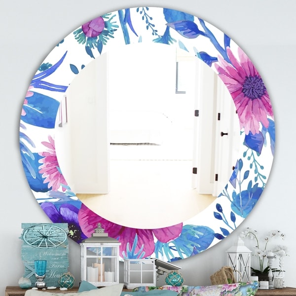Designart 'Purple Bloom 6' Traditional Bathroom Mirror - Frameless Oval or Round Wall Mirror - Purple