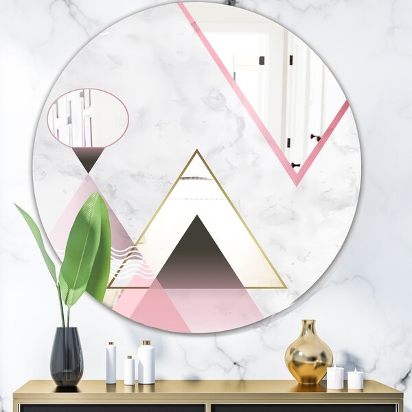 Designart 'Triangular Spacy Spheres 4' Mid-Century Mirror - Oval or Round Decorative Mirror - Pink