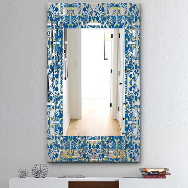 Designart 'Portuguese Tiles' Mid-Century Mirror - Frameless Wall Mirror - Blue