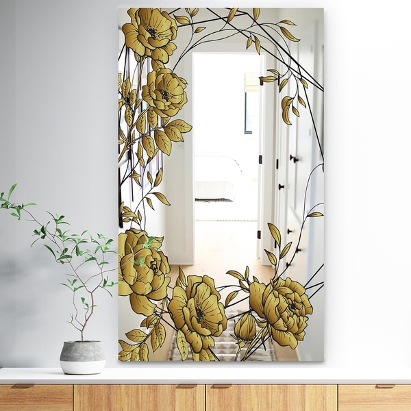 Designart 'Gold Botanical Blooming 6' Traditional Mirror - Bathroom Mirror - Gold