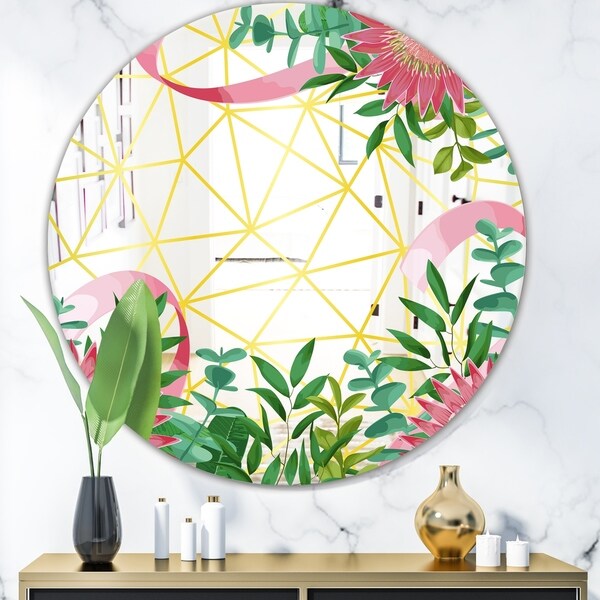 Designart 'Efflorescent Gold Pink 1' Glam Mirror - Oval or Round Wall Mirror - Green