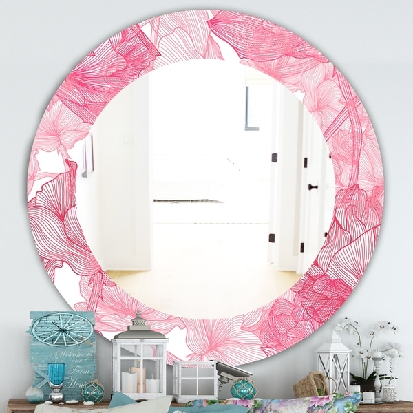 Designart 'Pink Spheres 9' Traditional Mirror - Frameless Oval or Round Wall Mirror - Red