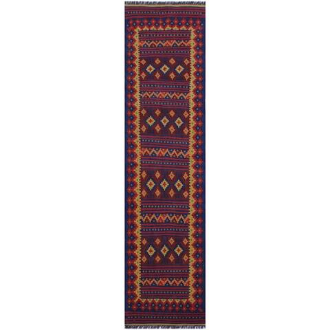 kilim Katherin Blue/Red Hand-Woven Wool Runner- 2'8 x 9'0 - 2'8" x 9'0"
