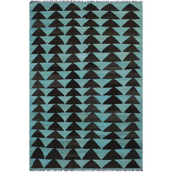 Kilim Brande Teal/Black Hand-Woven Wool Rug -5'9 x 9'2 - 5'9" x 9'2"