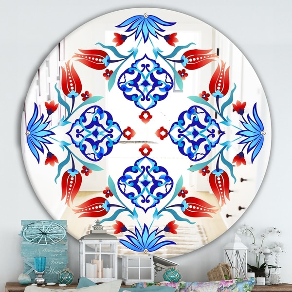 Designart 'Red Tulips and Blue Flowers' Traditional Mirror - Oval or Round Wall Mirror