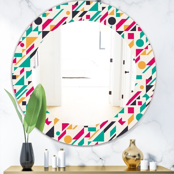 Designart 'Retro Abstract Geometric Pattern' Modern Mirror - Frameless Oval or Round Wall Mirror - Blue