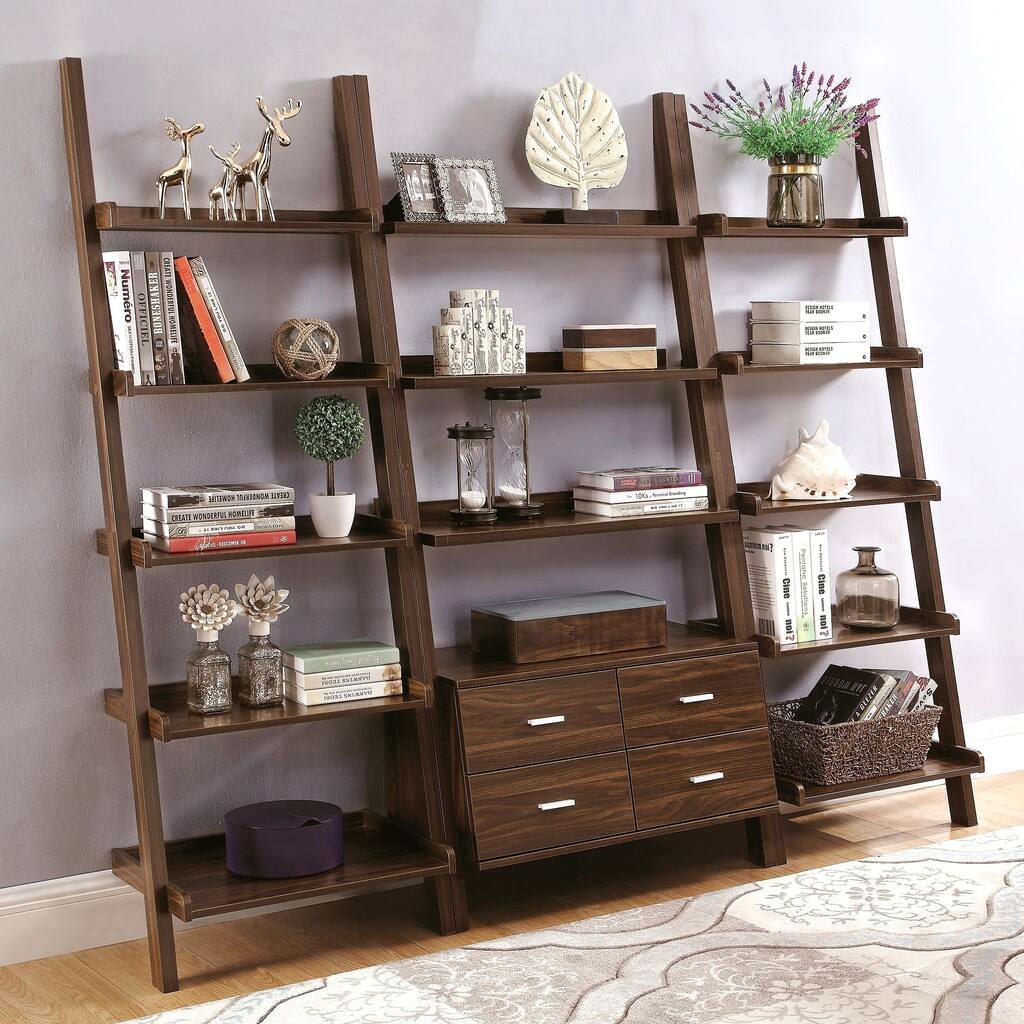 Modern Artistic Ladder Design Dark Walnut Storage Bookcase