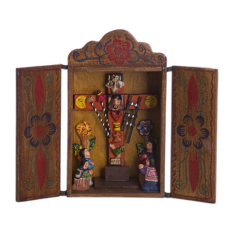Handmade Cross Of Lamentation Painted Wood Retablo (Peru) - 9.25" H x 5.5" W x 3.3" D