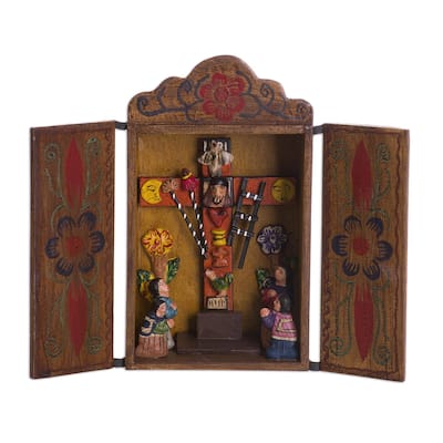 Handmade Cross Of Lamentation Painted Wood Retablo (Peru) - 9.25" H x 5.5" W x 3.3" D