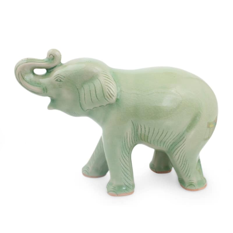 Handmade Laughing Elephant Celadon Ceramic Figurine (Thailand)