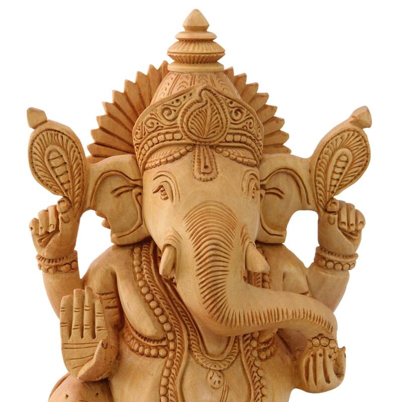 Handmade Peaceful Ganesha Wood Sculpture (India)