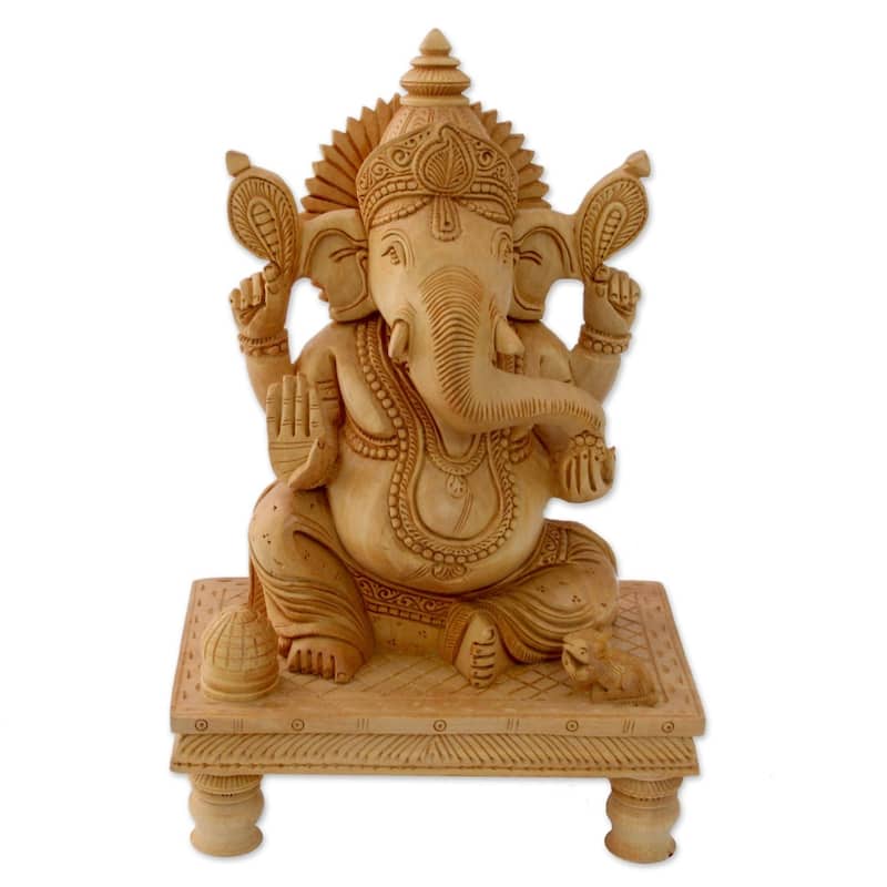 Handmade Peaceful Ganesha Wood Sculpture (India)