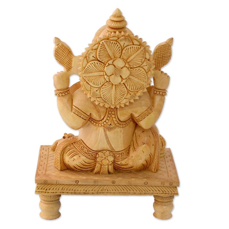 Handmade Peaceful Ganesha Wood Sculpture (India)