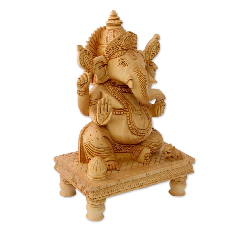 Handmade Peaceful Ganesha Wood Sculpture (India)