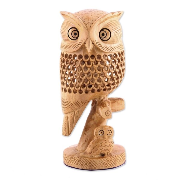 Handmade Latticework Owls Wood Statuette (India)