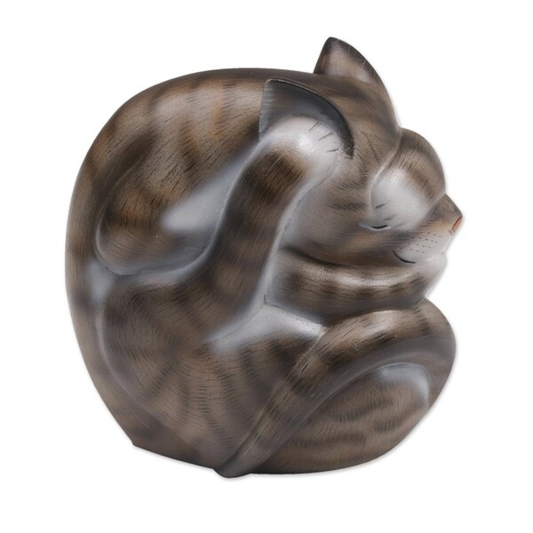 Handmade Virtuous Kitty Wood Sculpture (Indonesia)