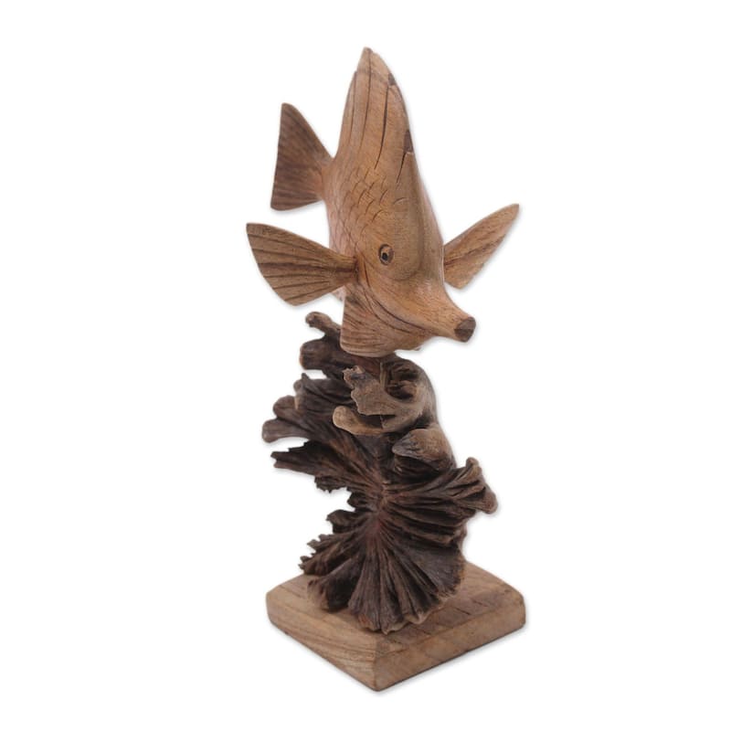 Handmade Tang Fish Wood Sculpture (Indonesia) - 8.5" H x 3.9" W x 6" D