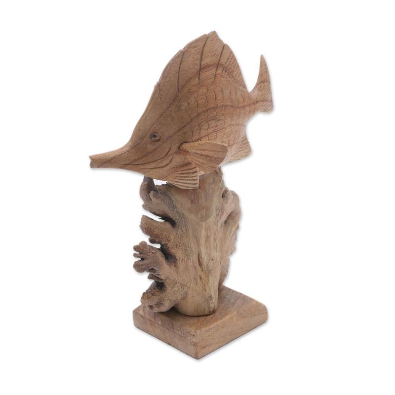 Handmade Tang Fish Wood Sculpture (Indonesia) - 8.5" H x 3.9" W x 6" D