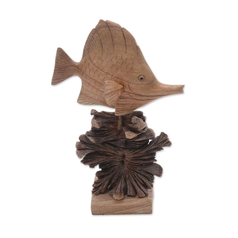 Handmade Tang Fish Wood Sculpture (Indonesia) - 8.5" H x 3.9" W x 6" D