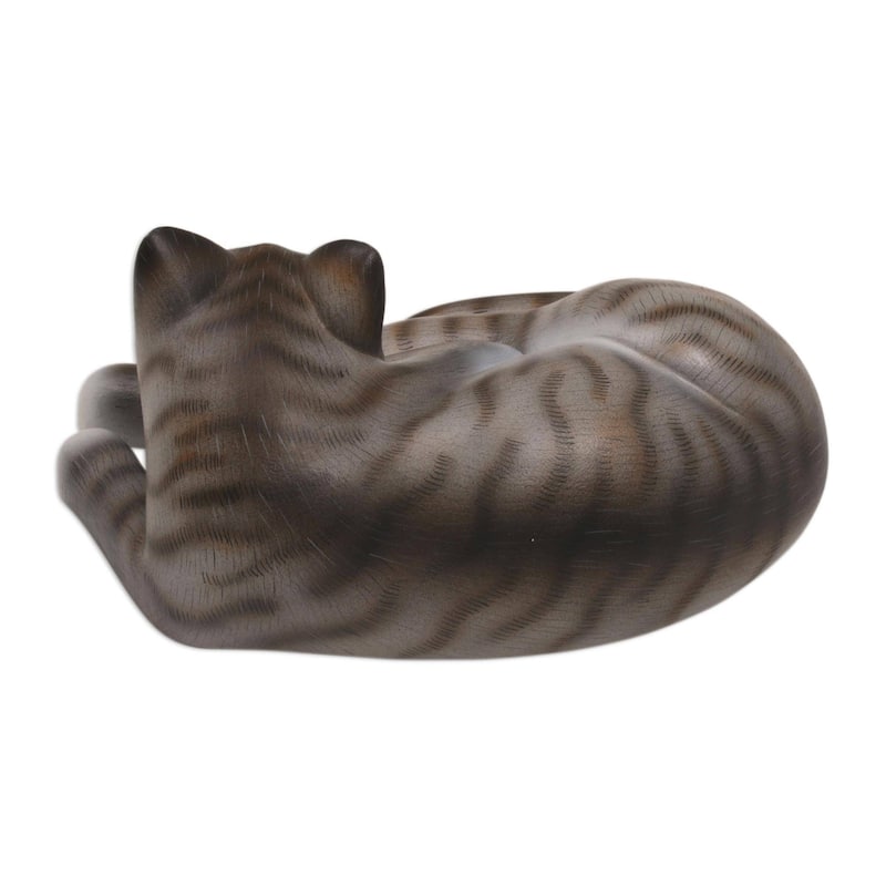 Handmade Adorable Grey Cat Wood Sculpture (Indonesia)