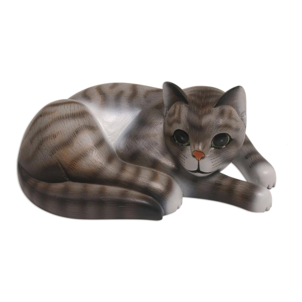 Handmade Adorable Grey Cat Wood Sculpture (Indonesia)