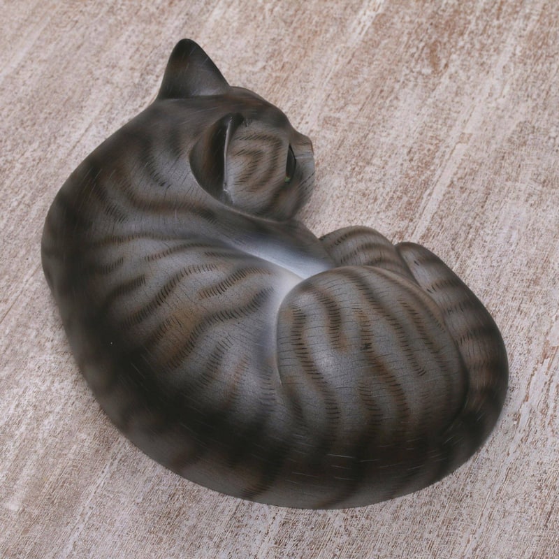 Handmade Adorable Grey Cat Wood Sculpture (Indonesia)