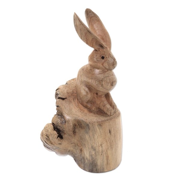 Handmade Watchful Hare Wood Sculpture (Indonesia)