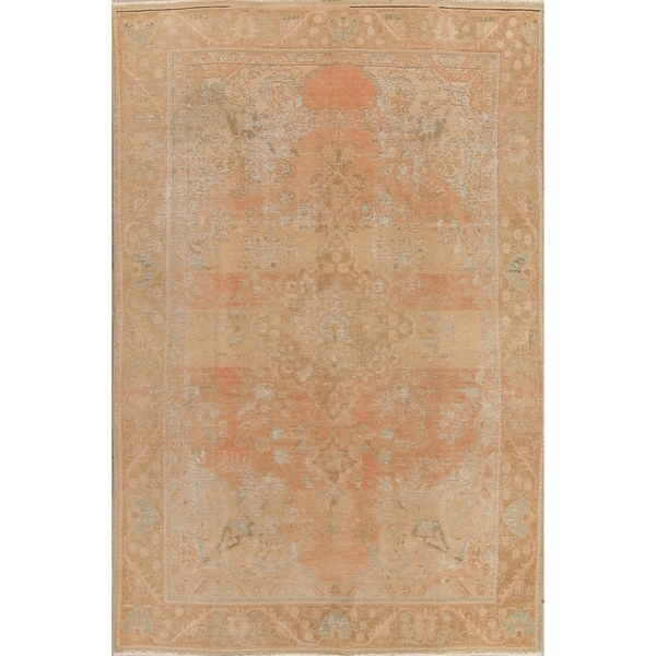 Vintage Muted Tabriz Floral Handmade Wool Persian Distressed Area Rug - 9'7" x 6'3"