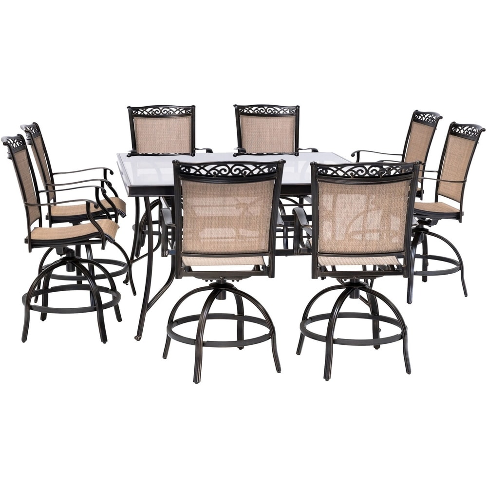 Hanoverhanover Fontana 9 Piece Counter Height Outdoor Dining Set With 8 Sling Swivel Chairs And A 60 In Square Glass Top Table Dailymail