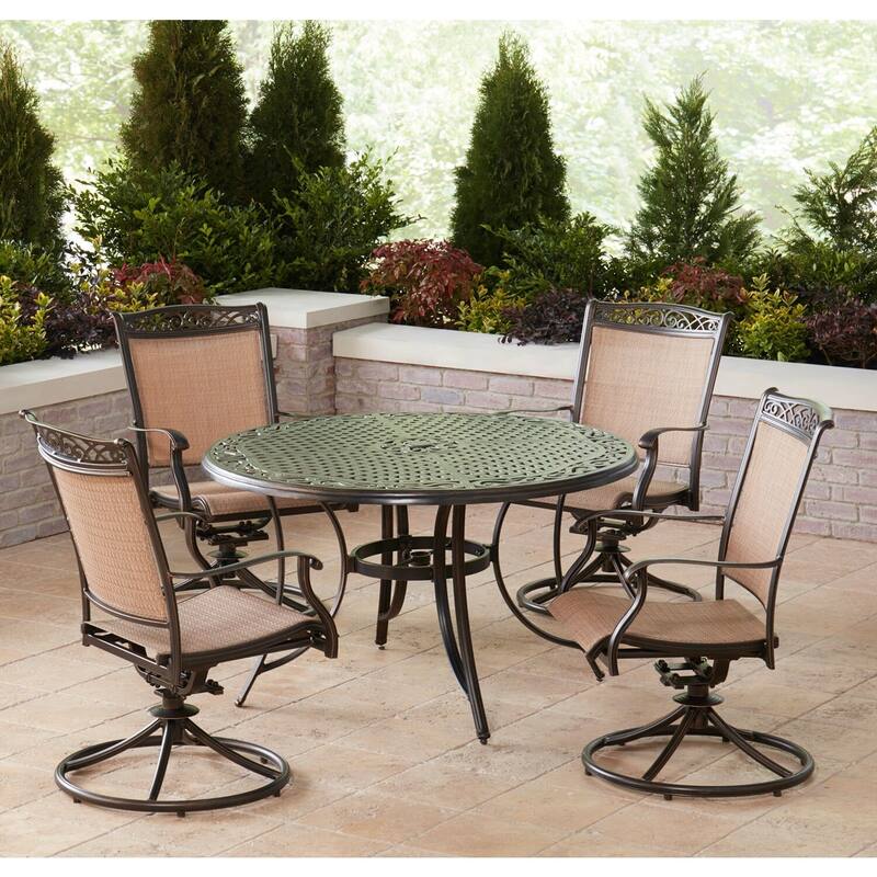 Hanover Fontana 5-Piece Outdoor Dining Set with 4 Sling Swivel Rockers and a 48-In. Cast-Top Table