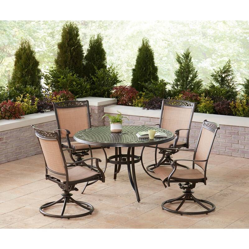 Hanover Fontana 5-Piece Outdoor Dining Set with 4 Sling Swivel Rockers and a 48-In. Cast-Top Table