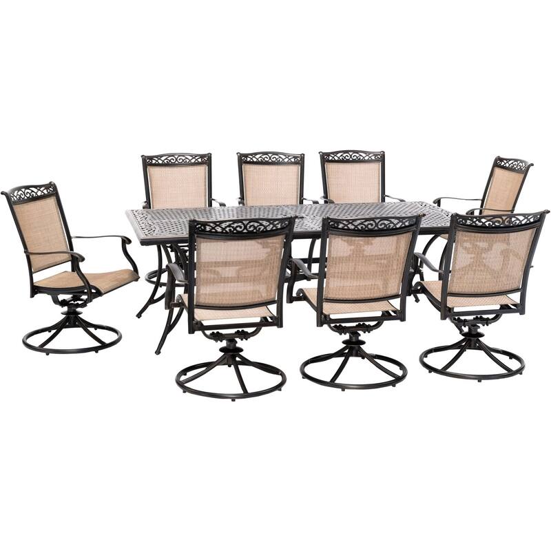 Hanover Fontana 9-Piece Outdoor Dining Set with 8 Sling Swivel Rockers and a 42-In. x 84-In. Cast-Top Table