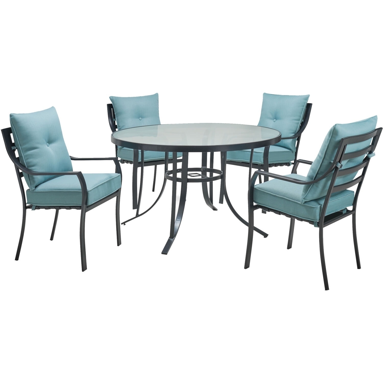 hanover lavallette 5piece dining set in ocean blue with 4 stationary  chairs and a 52in round glasstop table
