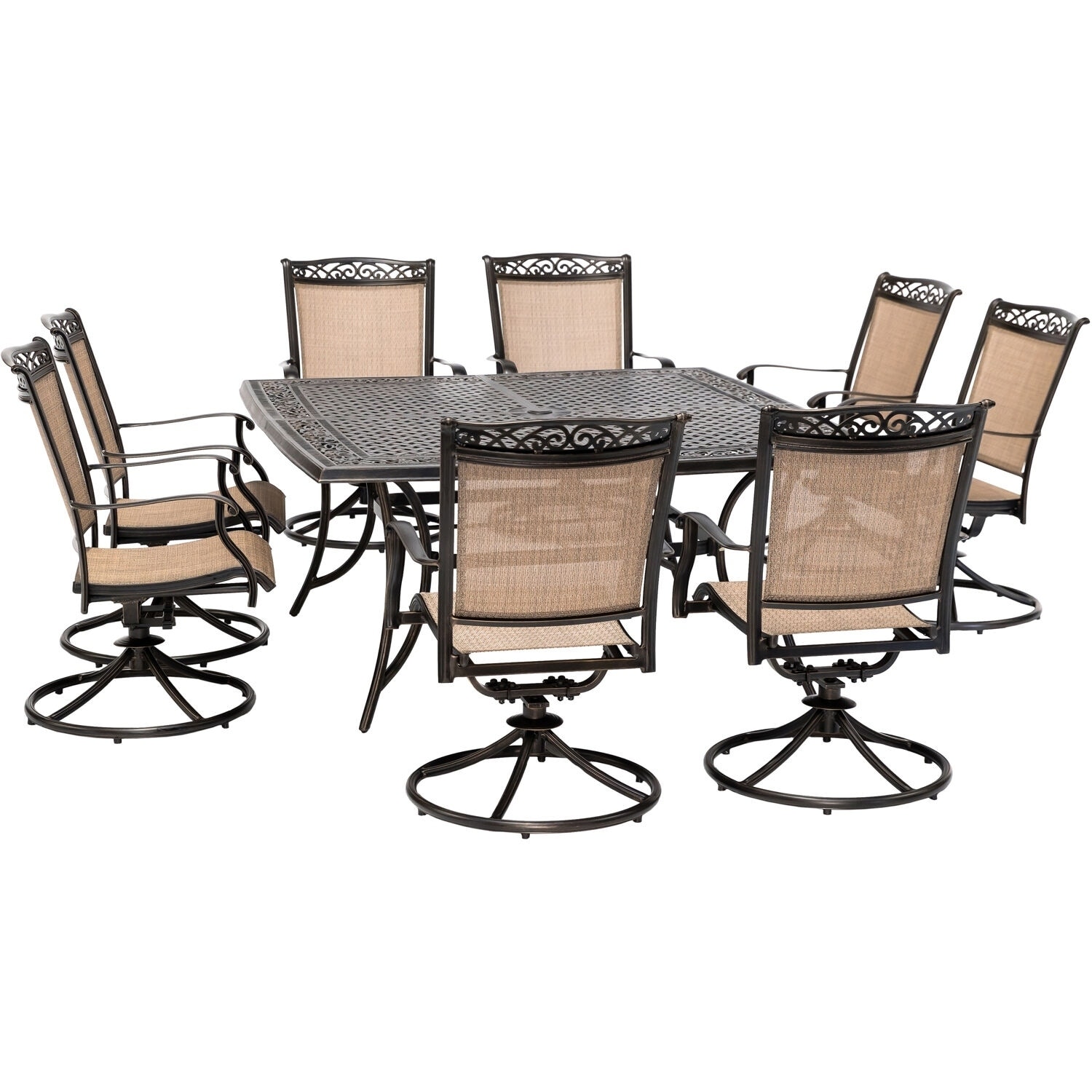 Shop Hanover Fontana 9 Piece Outdoor Dining Set With 8 Sling Swivel Rockers And A 60 In Square Cast Top Table Overstock 28010156