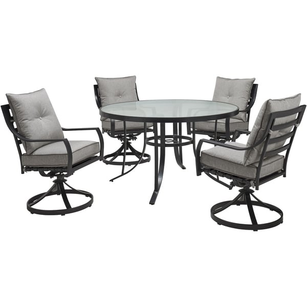 Hanover Lavallette 5-Piece Dining Set in Silver Linings with 4 Swivel Rockers and a 52-In. Round Glass-Top Table
