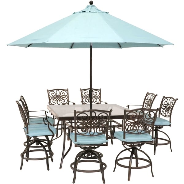 Hanover Traditions 9-Piece High-Dining Set in Blue with 8 Swivel Chairs, a 60 In. Square Glass-Top Table, Umbrella and Stand