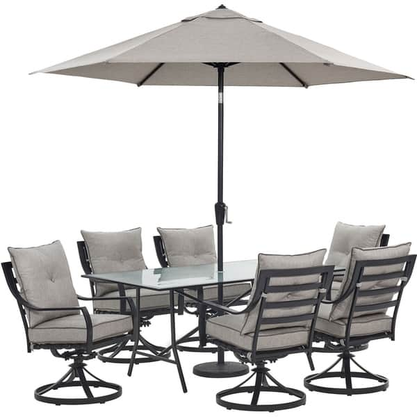 Shop Black Friday Deals On Hanover Lavallette 7 Piece Dining Set In Silver Linings With 6 Swivel Rockers 66 X 38 Glass Top Table Umbrella And Base Overstock 28010190