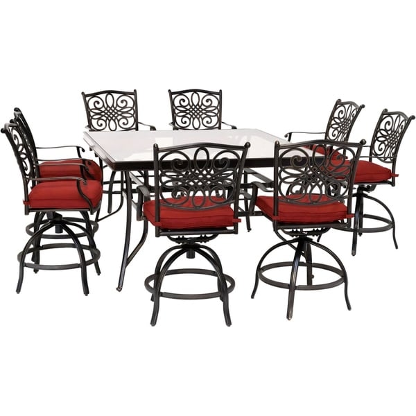 Hanover Traditions 9-Piece High-Dining Set in Red with 8 Swivel Chairs and a 60 In. Square Glass-Top Table
