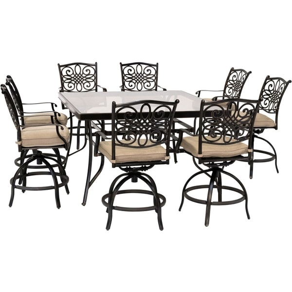 Hanover Traditions 9-Piece High-Dining Set in Natural Oat with 8 Swivel Chairs and a 60 In. Square Glass-Top Table