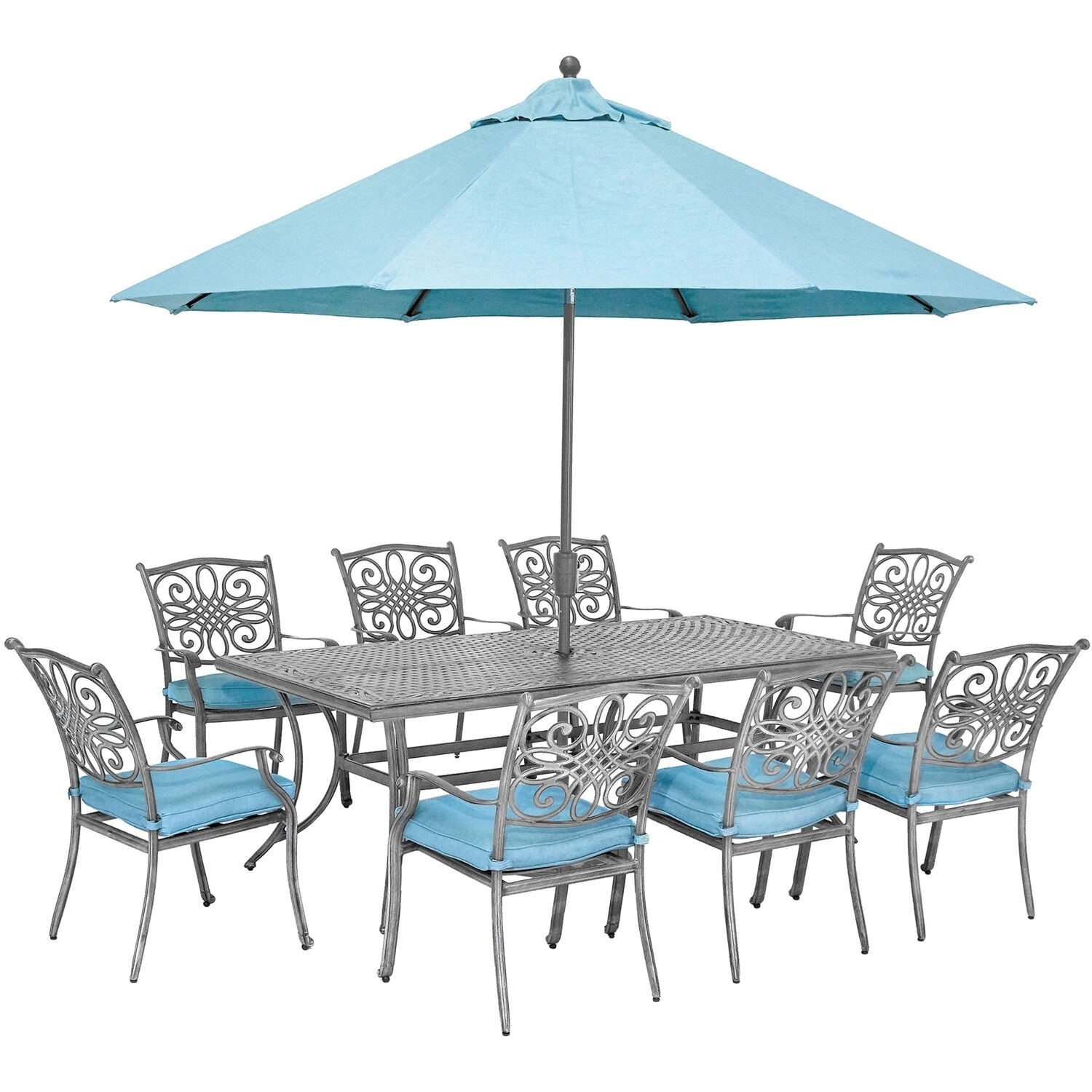 gray patio dining set with umbrella