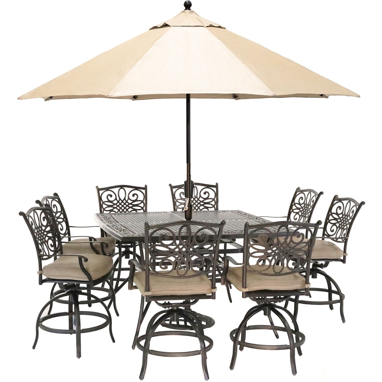 Shop Black Friday Deals On Hanover Traditions 9 Piece High Dining Set With 8 Swivel Chairs A 60 In Square Cast Top Table Umbrella And Stand Overstock 28010486