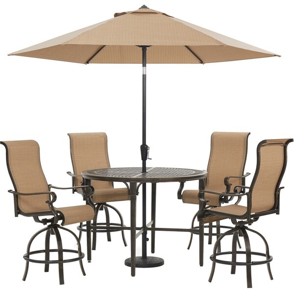 Hanover Brigantine 5-Piece Outdoor High-Dining Set with 4 Sling Swivel Chairs, 50-In. Round Table, 9-Ft. Umbrella, and Base
