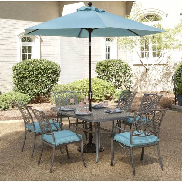 Shop Hanover Traditions 7 Piece Gray Patio Dining Set With 6 Chairs Blue Cushions Dining Table Umbrella With Stand Overstock 28010500