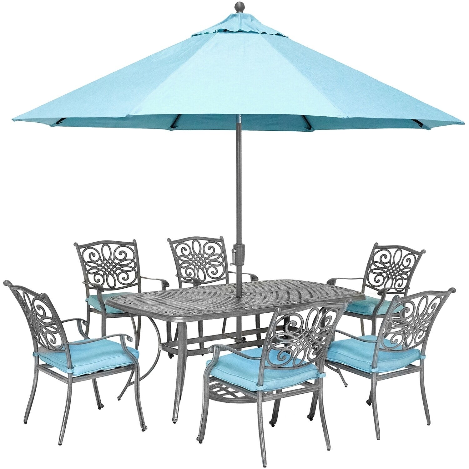 Shop Hanover Traditions 7 Piece Gray Patio Dining Set With 6 Chairs Blue Cushions Dining Table Umbrella With Stand Overstock 28010500