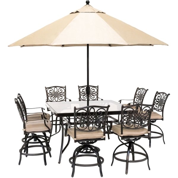 Hanover Traditions 9-Piece High-Dining Set with 8 Swivel Chairs, a 60 In. Square Glass-Top Table, Umbrella and Stand