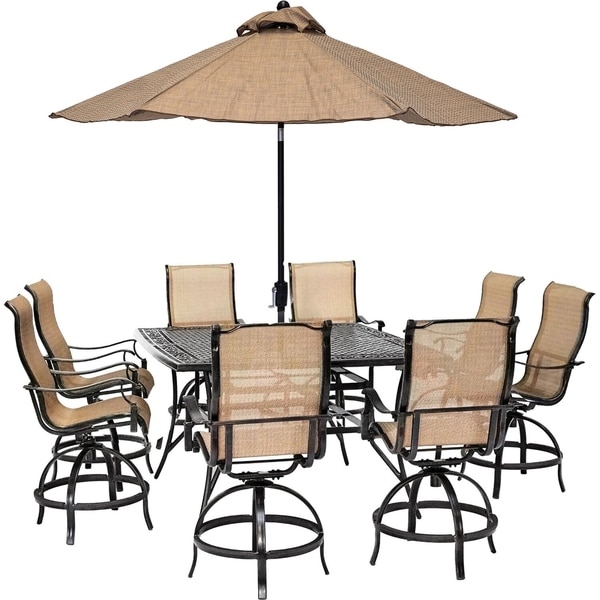 Shop Hanover Manor 9 Piece Counter Height Outdoor Dining Set With 8 Sling Swivel Chairs 60 In Cast Top Table Umbrella And Stand On Sale Overstock 28010506