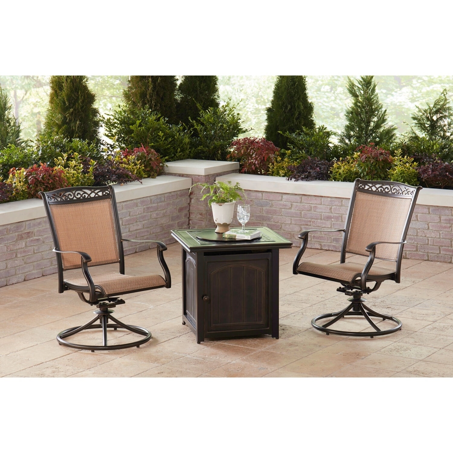 Shop Hanover Monaco 3 Piece Fire Pit Chat Set With 2 Contoured Sling Swivel Rockers And A 26 In Square Fire Pit Side Table Overstock 28010519